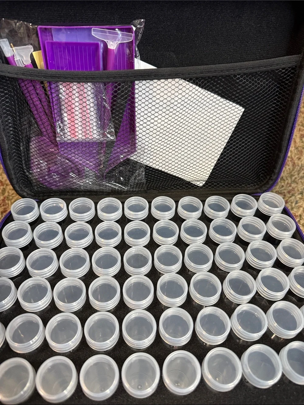 Purple Storage Case with 120 Clear Plastic Jars - and tool kit